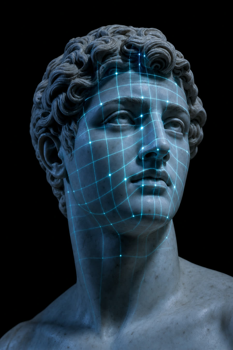 Classical statue with laser scan lines mapped across the face